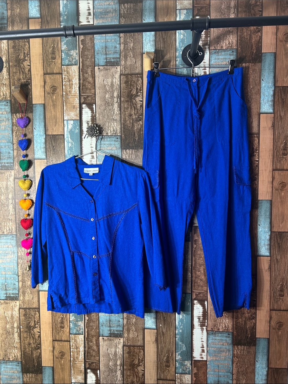 Robert Louis Royal Blue rayon linen Button-Front Top and matching pants